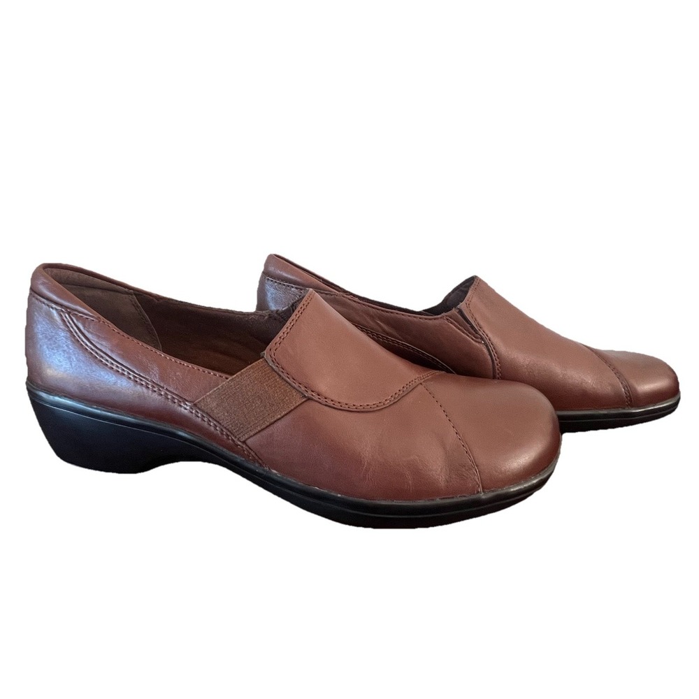 Clarks Bendables Brown Leather Slip On Loafer Wedge Shoes Womens 10M
